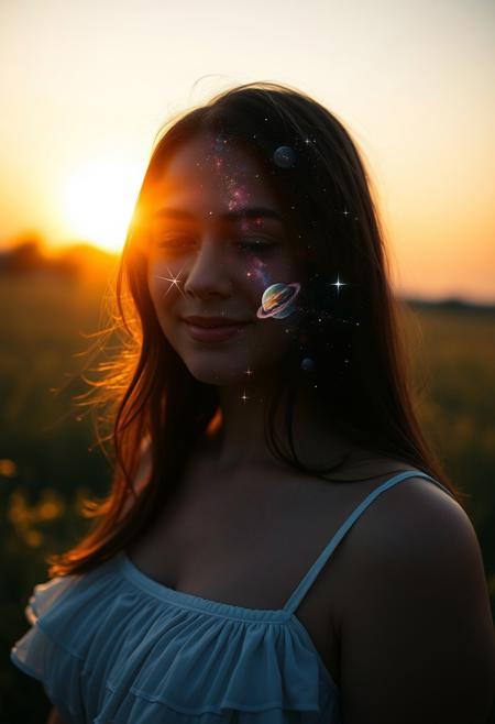 Close-up portrait of a woman standing in a lush summer meadow at sunset, with the galaxy contained within her silhouette. Soft, ethereal light illuminates her features, while a radiant aura surrounds her, blending seamlessly into the sky's warm hues. The stars and planets twinkle within her outline, as if the cosmos itself has taken refuge within her being.