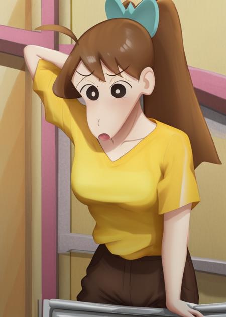 <lora:Ishizaka_Midori-10:1>,1girl, solo, long hair, brown hair,yellow shirt,black eyes, white pupils,ponytail, Orange pants, bouncing breasts, bow, ahoge, hair bow, style parody,