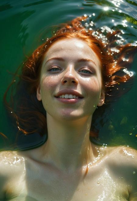 Ophelia's dream, Low saturation color photography, vintage, grunge, top light, masterful painting in the style of Anders Zorn | Marco Mazzoni | Yuri Ivanovich, Todd McFarlane, Aleksi Briclot, oil on canvas, beautiful woman, red hair, huge tits, laying back into water, freckles, bright green eyes, smiling with teeth