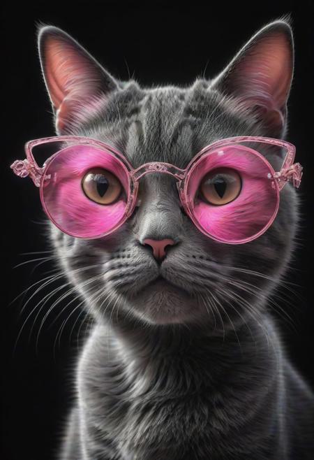 (best quality, 8K, high resolution, masterpiece), ultra detailed, (3D CGI), a beautiful pair of sunglasses, trendy, fashionable, pink, silver and black stylized Cat-eye shape, on a black background, countryside advertising, winning photo,
