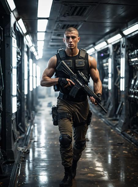 handsome,male,Lebanese,Mexican,buzz cut,27 years old,(muscular:0.5),indoors,running,desolate spaceship,pulse rifle,science fiction,realistic photograph,cinematic_lighting,night,