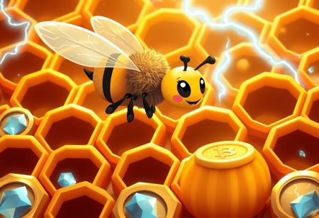 A cute bee flying over huge honeycombs with stylized lightning bolt coins and gems inside