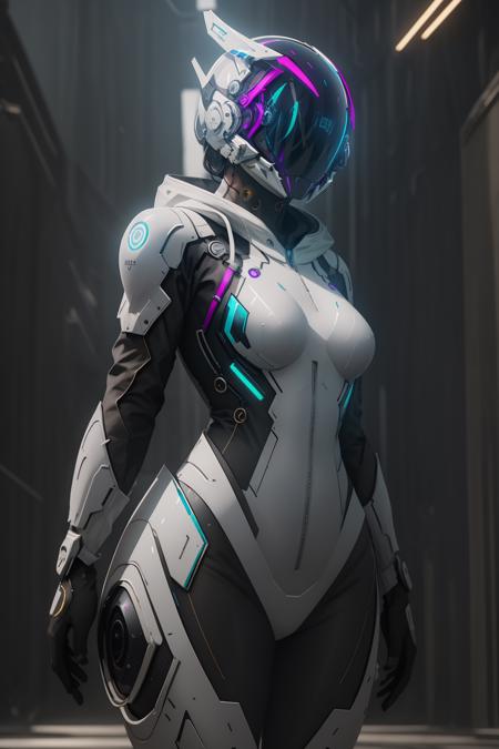 ((best quality)),absurdres,(ultra high res),octane render, girl, mechanical bodysuit, cyber helmet, white suit, white helmet, (8k), (Masterpiece), (cinematic lighting), <lora:Mechsuit:0.85>