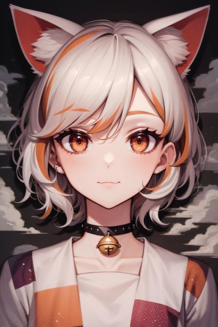 masterpiece, best quality, highly detailed, 1girl, (gm, :3, choker, cat girl, patch, multicolored clothes,multicolored shirt, neck bell, white hair, streaked hair, short hair, multicolored hair, cat ears, orange eyes), close-up, intricately detailed face and eyes, face focus, portrait, ruins of city, view from above, above clouds, leafs