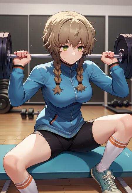 amane suzuha, short hair, twin braids, green eyes, brown hair blue jacket, black shorts white socks