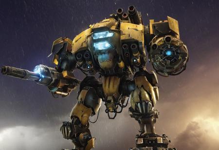 Overwatch Striker Eureka, Giant Mecha, Streamlined design, Fighting against monsters in the eye of a deep sea storm, in a thunderstorm, in a dark and lonely atmosphere,
very realistic photography, cel shading,