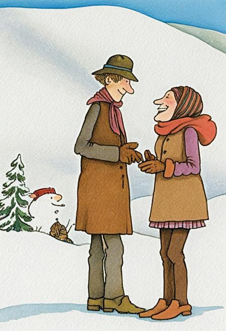 tomiedepaola, outdoors, a man and a woman smiling at each other, hills, snow, winter clothing