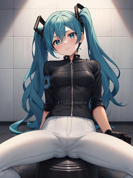 femaleguarduniform,1girl,solo,looking at viewer,(sitting:1.3),(spread legs:1.3),(cowboy shot:1.4),aqua hair,aqua eyes,hatsune miku,twintails,breasts,small breasts,rolling sleeves up,black jacket,leather,leather jacket,zipper,armband,gloves,black gloves,pants,(white pants:1.2),boots,knee boots,high heels,high heel boots,black footwear,pants tucked in,indoors,tile floor,tile wall,<lora:PD_Female_Guard_Uniform_V1.0:0.5>,