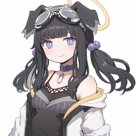 ultra-detailed, trending on pixiv, booru, official art, hard lighting,, hibiki, halo, dog ears, bright pupils, goggles on head, black hair
twintails, hair bobbles, animal collar, purple choker, multicolored jacket, black camisole, grey shirt, dog tags
light smile, [expressionless:light smile:0.5], (half-closed eyes:0.35), closed mouth
upper body, (simple background, white background:1.4), <lora:chara-hibiki-v3:1> <lora:shittyOekakiJaggy_v10:.4>, oekaki <lora:superultraabunai:2.6> <lora:quadnaga:1.8>