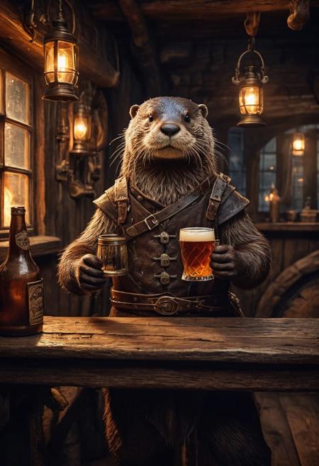fantasy anthropomorphic a otter warrior in dark tavern holding a pint of ale in a cozy environment with gas lamps rustic wood warm brick fireplace and frosted glass windows