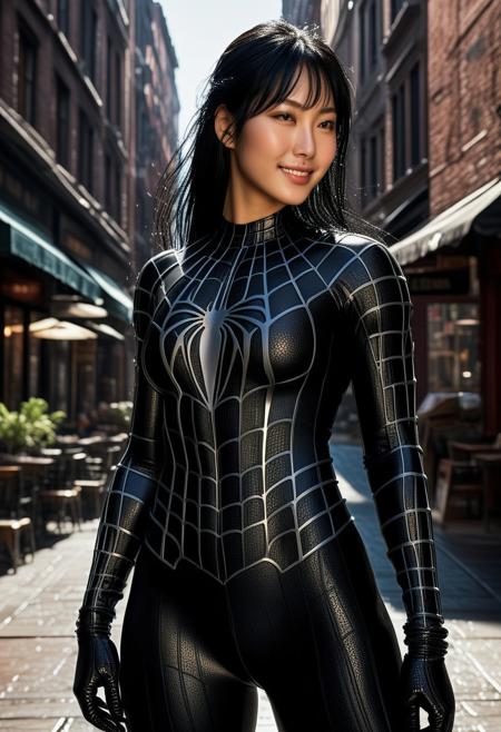score_9, score_8_up, score_7_up, best quality, realistic, masterpiece, beautiful detail, hyperrealistic, cafe, ((1girl, woman body, huge breasts)), amazing detailed full body portrait of a beautiful japanese girl, wearing a realistic and highly detailed black raimi spider-man suit, ((huge muscular girl)), professional model wears ultra - detailed black raimi spider - man suit, ultra - detailed and grained black raimi spiderman suit, suit covered entire body and hand, black spiderman gloves, wet, (full body), (chilling pose), smile, black hair, octane render, highly detailed, volumetric, dramatic lighting, (highest quality:1.1), (HDR:1.3), (top quality, best quality), realistic, high definition, Expressionism - sharp focus, professional photography, masterpiece, ultra detailed photograph, high quality, 8k,
