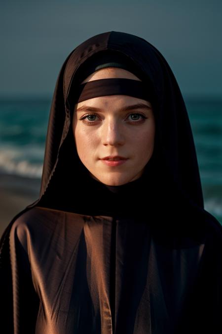 nun costume ,  ocean bottom , night <lora:Rose_Leslie:1> masterpiece, best quality, detailed face, a mature r1873l, 1girl, solo, red hair,