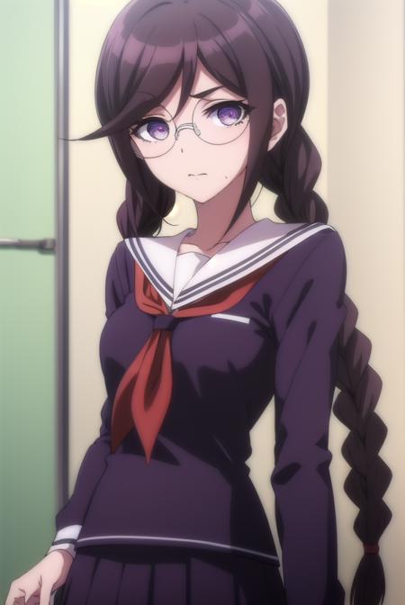 toukofukawa, <lora:touko fukawa s1-lora-nochekaiser:1>,
touko fukawa, long hair, bangs, brown hair, braid, glasses, mole, twin braids, mole under mouth, round eyewear, (brown eyes:1.3),
BREAK skirt, shirt, long sleeves, school uniform, serafuku, sailor collar, neckerchief, black shirt, red neckerchief,
BREAK indoors, classroom,
BREAK looking at viewer, (cowboy shot:1.5),
BREAK <lyco:GoodHands-beta2:1>, (masterpiece:1.2), best quality, high resolution, unity 8k wallpaper, (illustration:0.8), (beautiful detailed eyes:1.6), extremely detailed face, perfect lighting, extremely detailed CG, (perfect hands, perfect anatomy),