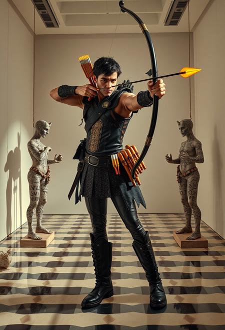 Amidst a gallery-like space suspended in a void, a male archer prepares to fire an arrow shaped like a banana, his quiver filled with bizarre ammunition—cigarettes, sausages, toothbrushes. His attire is impossibly ornate, made of leather, lace, and glowing arcane patterns. Statues of exaggerated body parts and abstract symbols flank him on both sides, their surfaces covered in graffiti and alchemical script. Despite the ridiculous weaponry, his eyes burn with intensity, his form taut and poised like a mythic hero. The lighting casts long, theatrical shadows across a checkered floor of eggshells and mirrors, making the absurdity feel sacred. The scene fuses satire and legend, turning personal iconography into a visual power statement.