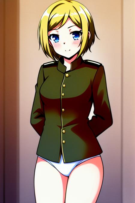 masterpiece, best quality, 1girl, 12 years old, ((small breasts)), <lora:hartmann:1.2>, short blonde hair, german style military uniform top, bottomless, white panties