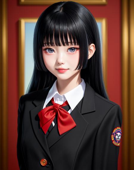 4K, Masterpiece, highres, absurdres,with a edgHimeCut hairstyle, 1girl, solo, long hair, smile, bangs, black hair, holding, school uniform, jacket, upper body, blunt bangs, black eyes, lips, realistic, card, hime cut, <lora:edgHimeCut:1>