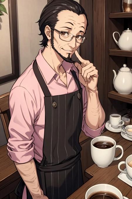 masterpiece, best quality, solo, 1boy, smirk, looking at viewer,   <<lora:Sojiro_Fp:1>, sojirop5, collared shirt, glasses, pants, apron, cafe, coffee mug,