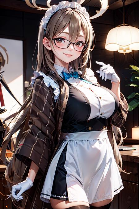 zzAkane, brown eyes, light brown hair, long hair, glasses, halo, black dress, maid apron, white gloves, blue bowtie, white thighhighs