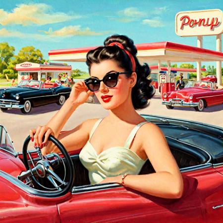 beautypinupart, 1girl, portrait illustration of woman driving in convertible car, 1950s style, sunglasses, black hair, pony tail, confident, gas station in background , <lora:PinupManiaXL_V1.0:1>