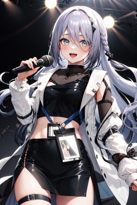 masterpiece, best quality, highres, aasophia, long hair, braid, hair ornament, see-through, black shirt, id card, white jacket, long sleeves, belt, black skirt, long skirt, side slit, thigh strap, <lora:sophia_valentine_v1:0.7>, smile, open mouth, stage, holding microphone, microphone,