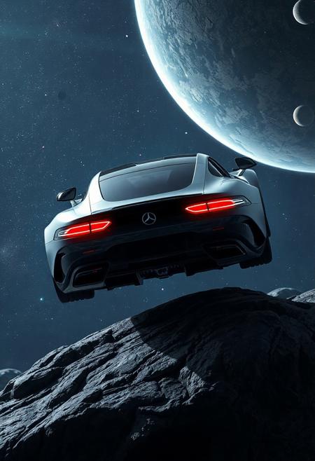 Mercedes-AMG ONE GT floating in outer space, ultra-realistic 4K render with high detail. The car has a pitch black and white color scheme, glowing red rear lights and neon blue front headlights. The car is levitating above a rugged asteroid, without contact to the surface. It is illuminated by distant stars, galaxies, and cosmic dust, casting subtle reflections on its sleek surface. Deep space lighting, realistic shadows, and a cinematic sci-fi atmosphere. The background features a cosmic environment with stars, nebulae, and distant celestial bodies. Emphasis on photorealism, weightless suspension, and dramatic lighting that enhances the futuristic vibe