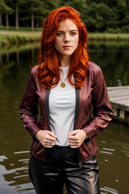 gangster costume ,  pond , evening <lora:Rose_Leslie:1> masterpiece, best quality, detailed face, a mature r1873l, 1girl, solo, red hair,