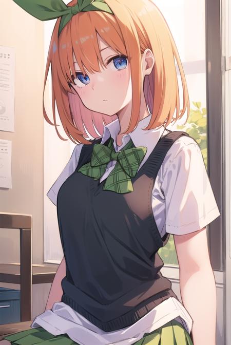 yotsubanakano, <lora:yotsubanakanotest:1>, yotsuba nakano, bangs, short hair, blue eyes, hair between eyes, hair ribbon, hairband, orange hair, green ribbon,
BREAK skirt, shirt, bow, ribbon, school uniform, white shirt, short sleeves, pleated skirt, shoes, socks, collared shirt, miniskirt, bowtie, black footwear, kneehighs, green skirt, black socks, loafers, green bow, sweater vest, green ribbon,,
BREAK indoors, classroom,
BREAK looking at viewer, BREAK <lora:GoodHands-vanilla:1>, (masterpiece:1.2), best quality, high resolution, unity 8k wallpaper, (illustration:0.8), (beautiful detailed eyes:1.6), extremely detailed face, perfect lighting, extremely detailed CG, (perfect hands, perfect anatomy),