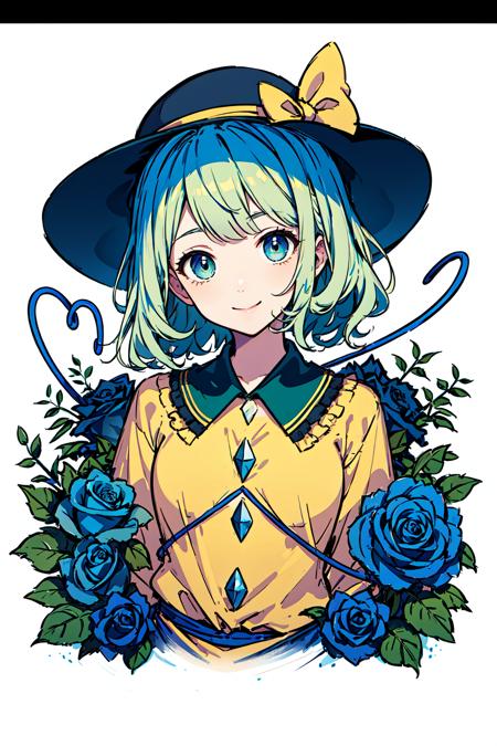 masterpiece, top quality, best quality, official art, beautiful and aesthetic,
1girl, solo, komeiji koishi, hat, blue flower, blue rose, bow, long sleeves, flower, letterboxed, rose, looking at viewer, shirt, hat bow, smile, black headwear, yellow shirt, upper body, heart, short hair, frills, heart of string, ribbon, bangs, hat ribbon,
extreme detailed,highest detailed, optical mixing, playful patterns, lively texture, unique visual effect,