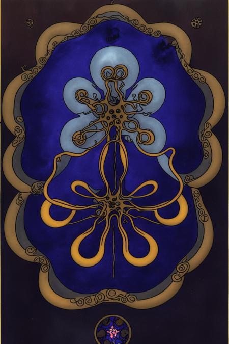 a painting of a blue octopus with a star above it , solo, looking at viewer, sky, pokemon (creature), no humans, traditional media, tentacles, mountain, eldritch abomination , a man standing in front of a circle