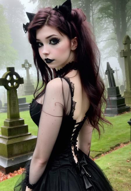 belle delphine, photo of beautiful goth girl girl, emo look, messy hair, black makeup, gothic dress, black lipstick, on a dark foggy graveyard, beautiful, young, dslr, 8k, 4k, ultrarealistic, realistic, natural skin, textured skin, black cat ears