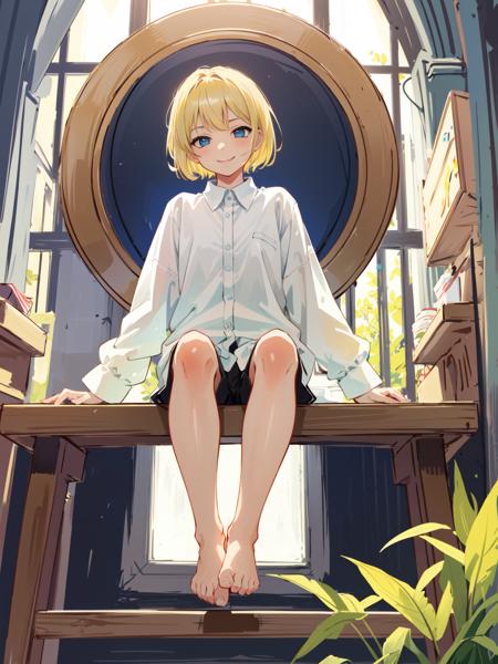 masterpiece, best_quality, ultra-detailed, illustration, art nouveau, from below, viewfinder, lower body, feet, looking down, ((solo)), ((1girl)), barefoot, blonde hair, short hair, shorts, dress shirt, capelet, sitting, smile, naughty face,