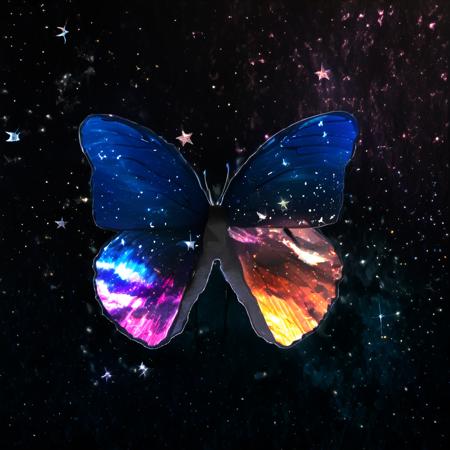 <lora:star_xl_v2:1>,
a butterfly with a colorful wing is shown in the dark sky with stars and a bright light coming from the wing, solo, outdoors, wings, sky, no humans, bug, butterfly, nature, scenery, forest, flying, sunset, silhouette, butterfly wings, cloud, star \(sky\), starry sky, pillar, The image showcases a vividly colored butterfly with wings that appear to be made of a translucent material, revealing a cosmic scene within. The wings are predominantly blue with hints of pink and orange, reminiscent of a galaxy or nebula. The background is dark, possibly representing a night sky or a rocky surface, and is adorned with sparkling stars and a bright shooting star. The butterfly's body is black, contrasting sharply with the vibrant wings., image, translucent material, cosmic scene, galaxy or nebula, dark background, sparkling stars, bright shooting star