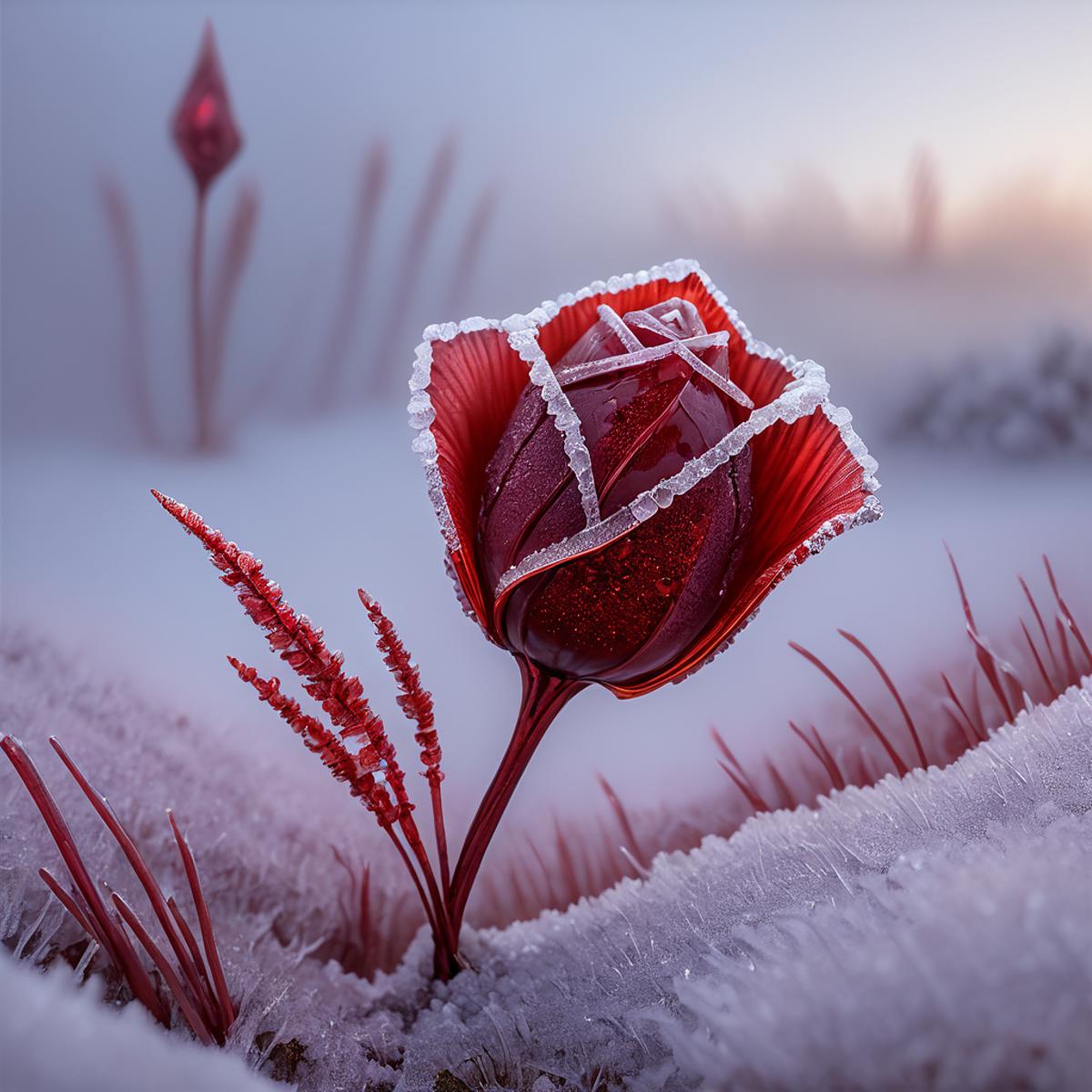 An artistic image of a red rose in snow, surrounded by red and purple plants, with a frosty winter background.