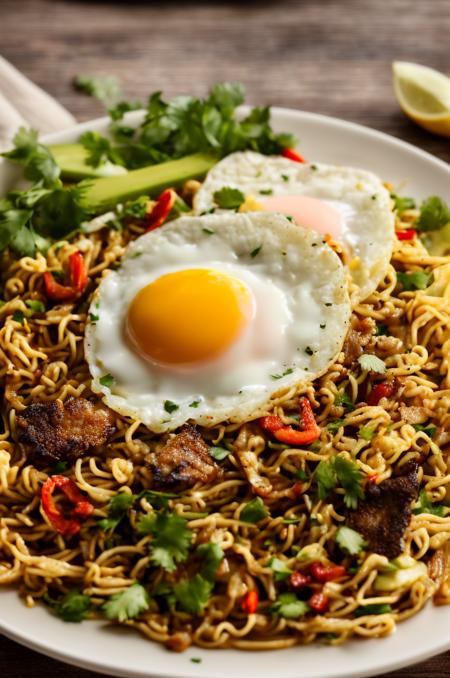 food, photography, 1 plate miegoreng with one egg fried on plate, wooden table, details, hot, soft focus, dramatic light, low ligt, blurry background <lora:ARWmiegoreng:1> <lora:add_detail:1>