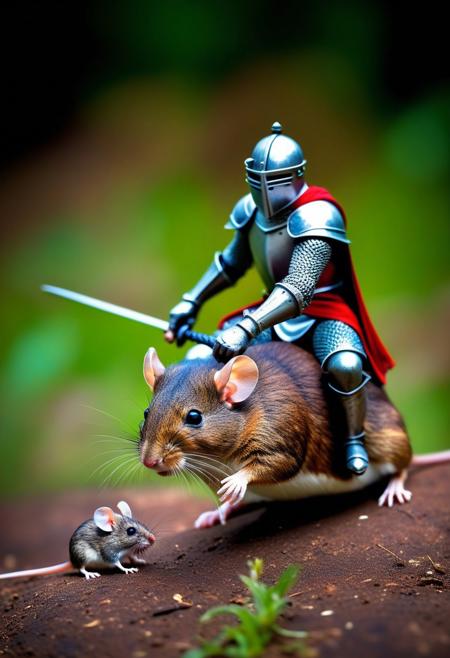 a tiny errant knight riding a mouse to battle, epic photo, action photography, comical and funny, colorful scene,