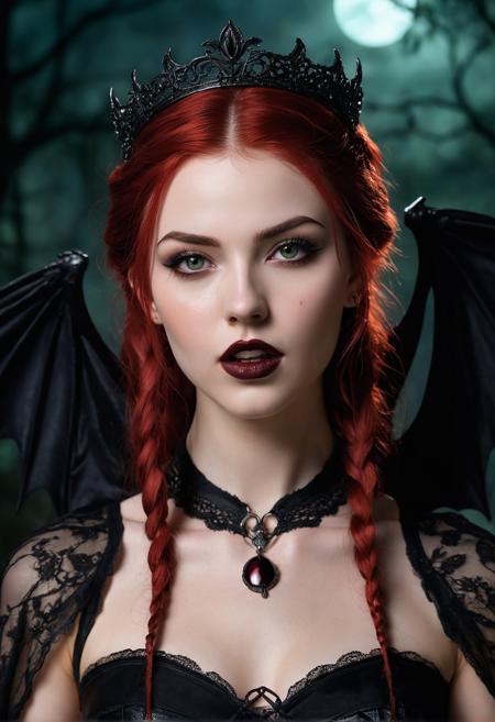 

Score_9, score_8_up, score_7_up, score_6_up.A captivating vampire girl with long, vibrant red hair styled in two braids, wearing black lipstick and dark, smokey makeup. Her piercing green eyes glow faintly, accentuated by dark tear-like streaks beneath them, giving her a haunting, supernatural gaze. Her pale skin is flawless and slightly translucent, typical of vampires, with small freckles scattered across her cheeks, adding a contrast of innocence and danger. Sharp, protruding fangs peek from her slightly parted lips, hinting at her vampiric nature.

Her slim, seductive figure features small breasts, a voluptuous lower body with a fat ass, thick thighs, and slim calves. Her hands end in sharp, claw-like fingers, enhancing her predatory look. Large, bat-like wings extend from her back, black and leathery, framing her form as she stands confidently in a supernatural pose. She wears a revealing black lace top with deep cleavage, a simple black choker around her neck, and a crown of large black roses, adding to her dark, vampiric elegance. Her nose and ears are adorned with multiple piercings, and a spiked belt wraps tightly around her waist.

The setting is outdoors at night under a full moon, casting a ghostly light over the scene. The atmosphere is eerie, and her pale skin glows subtly in the moonlight. Blood stains her lips from a recent feeding, adding to her menacing aura. The dramatic lighting casts sharp shadows and highlights her fangs and glowing eyes. The background is blurred with a shallow depth of field, keeping the vampire sharply in focus. Ultra-high resolution, photorealistic detail is captured with a 35mm camera in RAW format, using HDR contrast to highlight the intricate details of her wings, fangs, and dark, supernatural beauty. The entire scene feels cinematic, gothic, and otherworldly, with an ethereal atmosphere and a haunting presence.












  






  

