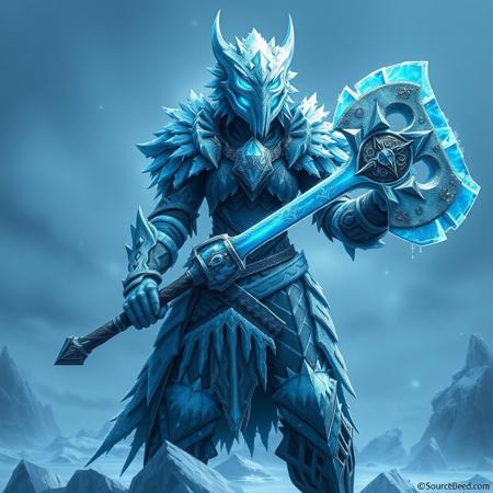 source_8_up, source_7_up, masterpiece, ultra_res, high_res, a towering female warrior clad in jagged, icy armor crafted from glacial shards and enchanted steel, its sharp edges reflecting the cold light of the tundra. Her armor is intricately detailed with frost-rimed patterns and glowing blue runes etched into the chestplate, radiating frigid energy. Her surreal helmet resembles a frozen wolf’s skull, but with an ethereal twist—its surface glows faintly with a shifting blue hue, and frost drips from the long, curved fangs. The slitted visor reveals piercing, otherworldly blue eyes, glowing like frozen flames, drawing both fear and awe. She grips her massive war axe—Frostbite Cleaver—with both hands, its icy blade shimmering with condensed frost. Her pose is commanding, standing atop a frozen wasteland littered with jagged ice formations. The realism of the armor and helmet emphasizes her deadly allure while keeping her grounded as an unstoppable warrior of the eternal frost