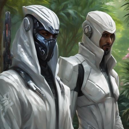 Clair-obscur, digital painting, oil painting, landscape, ((very detailed portrait)), (upper body) portrait of two heavily armored "mass effect" (("skyrim")) ((fremen)) sultan ninja iman sheikh soldiers wearing (futuristic) (cyberpunk) white cyber-onesie and white saudi Gutra headdress, walking around in gorgeous french japanese jungle garden park oasis with purple and pink alien plants, in spacepunk atompunk cyberpunk dubai "abu dabi" coruscant with lots of LCD screens and neon, retrofuturistic white luxury hypercars with arab decoration and white armoured military desert buggies with arab decoration, in the style of arcane and fernanda suarez pascal blanche and Hermann Stenner and simon stalenhag and Gustavé Doré and alex grey and alphonse mucha and nekro and josan gonzalez and dishonored and bioshock and simon stalenhag and rembrandt and Roger Ballen and Yousuf Karsh and HR Giger and Dariusz Zawadzki and John Jude Palencar and David Cronenberg and Liam Wong and Zdzislaw Beksinski and Luis Buñuel and Takashi Miike and David Lynch and Luis Royo and jakub rozalski and Ilya Kuvshinov and Wlop and Artgerm, trending on artstation, featured on pixiv, dynamic lighting, hyper detailed, octane render, 8k