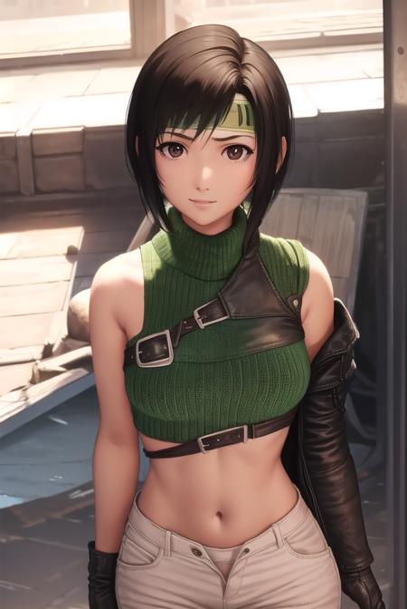 yuffie kisaragi, short hair, black hair, (brown eyes:1.3), gloves, bare shoulders, shorts, sleeveless, midriff, fingerless gloves, armor, crop top, headband, turtleneck, white shorts, unzipped, open fly, sleeveless turtleneck,