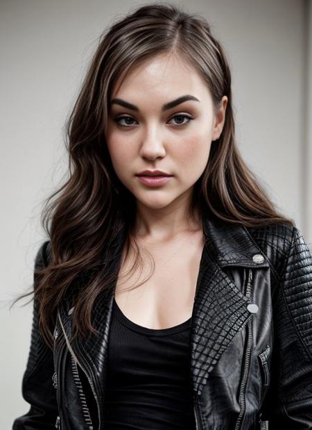 photo of beautiful Koh_SashaGrey, wearing leather jacket, (biker style:1.1), stern, intimidating, hyperdetailed photography, dim light, soft light, portrait, cover, best quality, (detailed beautiful face, detail skin texture, ultra-detailed body:1.1), high contrast, outdoors, highway