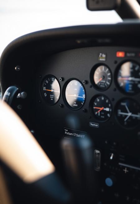 A beautifully composed professional photograph of a Cessna 172 instrument panel
