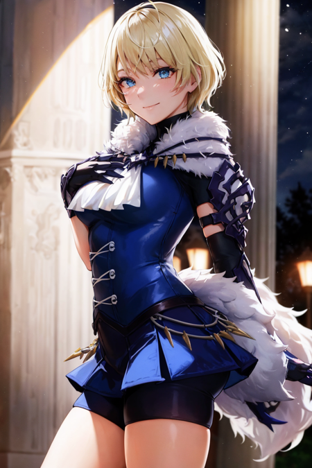 (highly detailed:1.3),
merrin fe, looking at viewer, smile, short hair, skirt, closed mouth, standing, ahoge, short sleeves, cowboy shot, pleated skirt, shorts, black gloves, blue skirt, fur trim, ascot, night, hand on own chest, bike shorts, gauntlets, fur collar, pillar,
Ultra-detail,(highres:1.1),best quality,(masterpiece:1.3),cinematic lighting,
(highly detailed face and eyes:1.3),