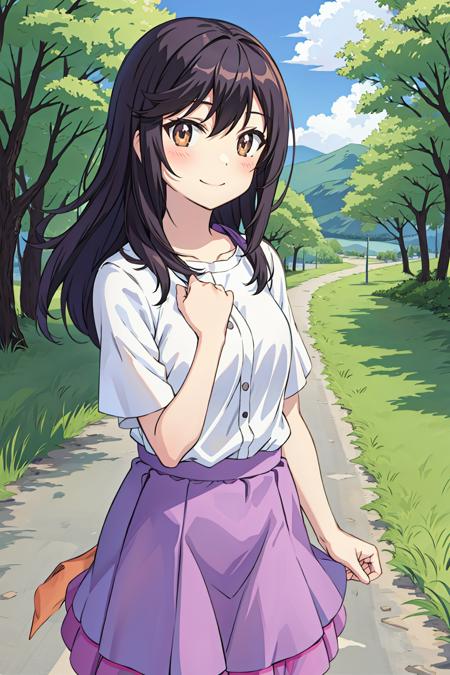 <lyco:ichijou_hotaru:0.7>ichijou hotaru, skirt, smile, cowboy shot, looking at viewer, shirt, short sleeves, purple skirt, outdoors, day, scenery, (bush:1.2), rural road, <lora:outline:-0.2>