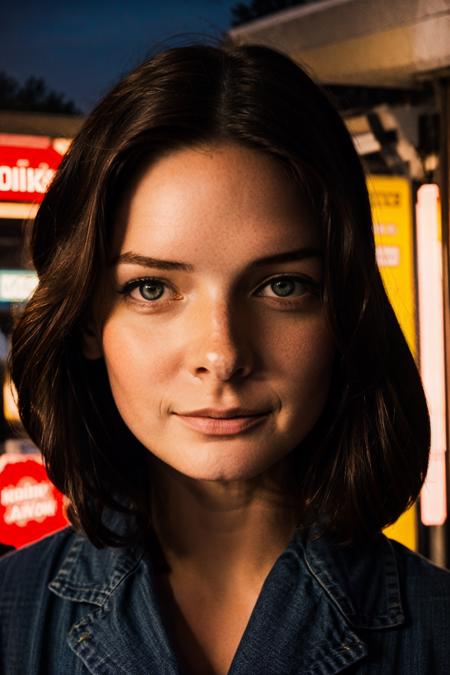 Cinematic portrait, Beautiful Rebellious Woman standing in front of red illuminated gas station at night, darkness illumination, detailed face, Kodak film, Classic American vistas<lora:Rebecca_Ferguson_512x768:0.85>