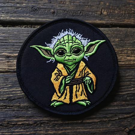 A embroidered patch of a vibrant cute yoda. The patch is sitting on an old rustic black wooden table, cinematic, dynamic, dramatic atmosphere, precise, elegant, highly detailed, extremely scientific, beautiful, intricate, sharp focus, inspired, color deep royal, very artistic, innocent, light glowing
