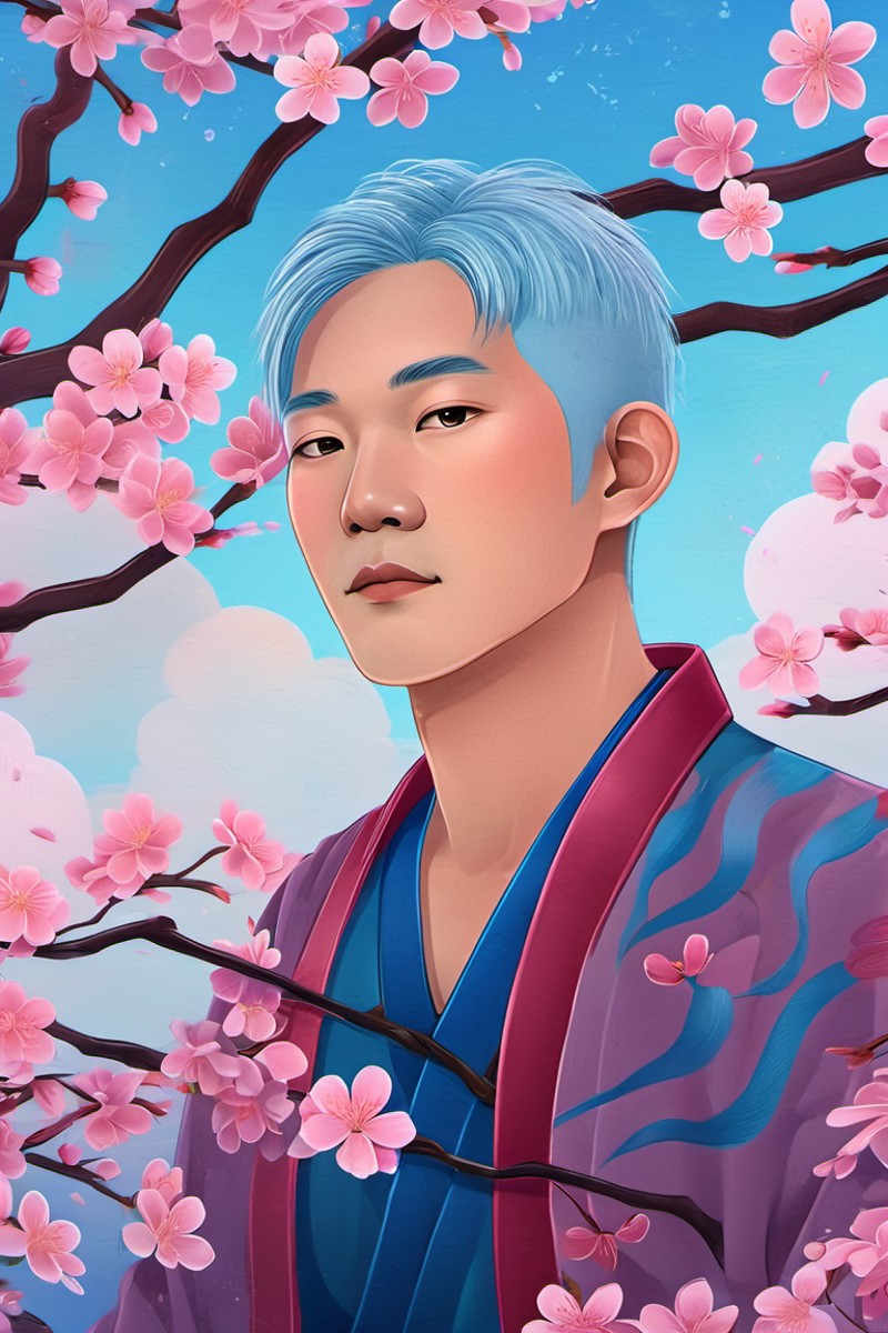 modern illustration of an asian man with blue hair, surrounded by cherry blossoms, fantastical, magical, intricate, natura...