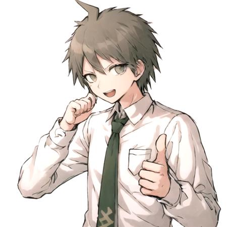 (danganronpaHajimeHinata), 1boy, masterpiece, high quality, detailed face, highly detailed, 20 years old, upper body,  thumbs up, looking to the side, short hair, simple background, white background, brown hair, shirt, cowboy shot,  hand up <lora:danganronpaHajimeHinata:0.8>