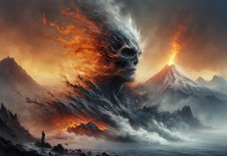 BorisVallejo style, flame, volcano, mountains, a lot of water with splashes, mysticism, mystical creatures, warrior