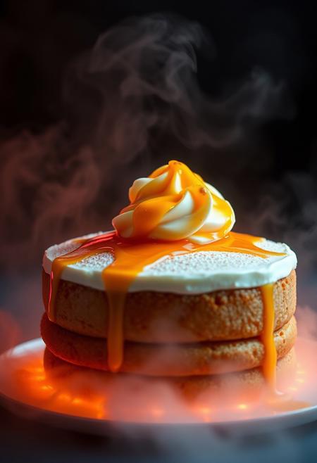 ultra realistic ,Honey and creamy cake with neon lights and volumetric fog