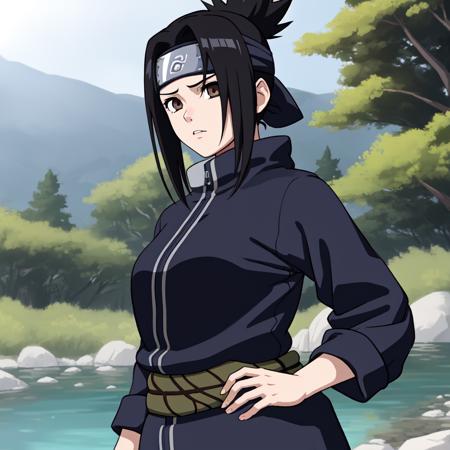 1girl, shinobi, kunoichi, ninja, standing, (half body, dynamic angle, dynamic composition) black_hair, brown_eyes, coat, fishnets, forehead protector, hand on hip, outside, near a river bank with trees, outdoors background, <lora:KM_NarutoS:0.5>